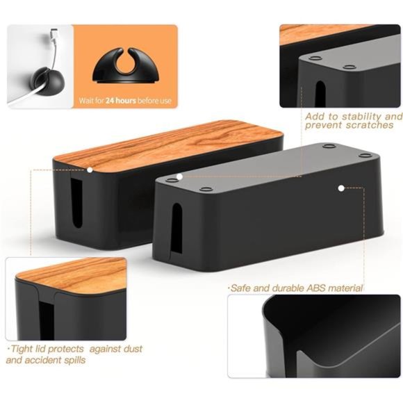 Cable Management Box 3Pack with 16 Cable Clips Set-Large & Medium & Small Wooden - Picture 6 of 7